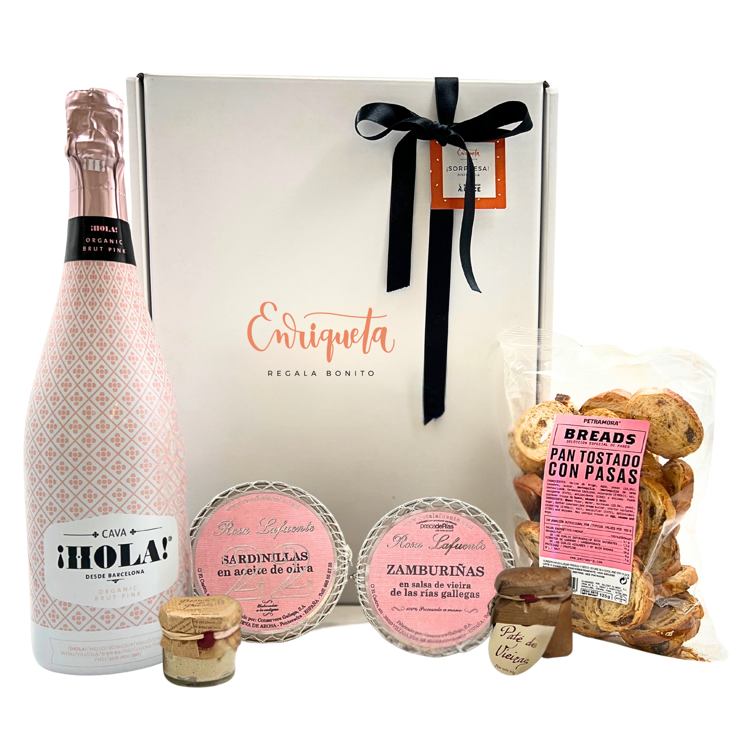 Cesta de productos gourmet compuesta por cava hola brut pink, brandada de bacalao, pate de vieiras, pan de pasas, huevas de erizo, conserva de sardinillas y zamburiñas image number null